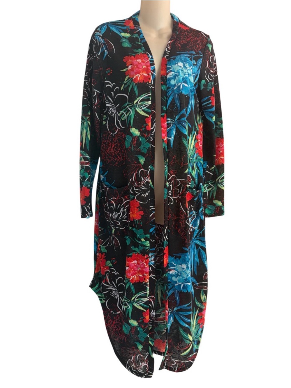 G by Giuliana Open Front Lightweight Duster Cardigan Size Small Black Floral
